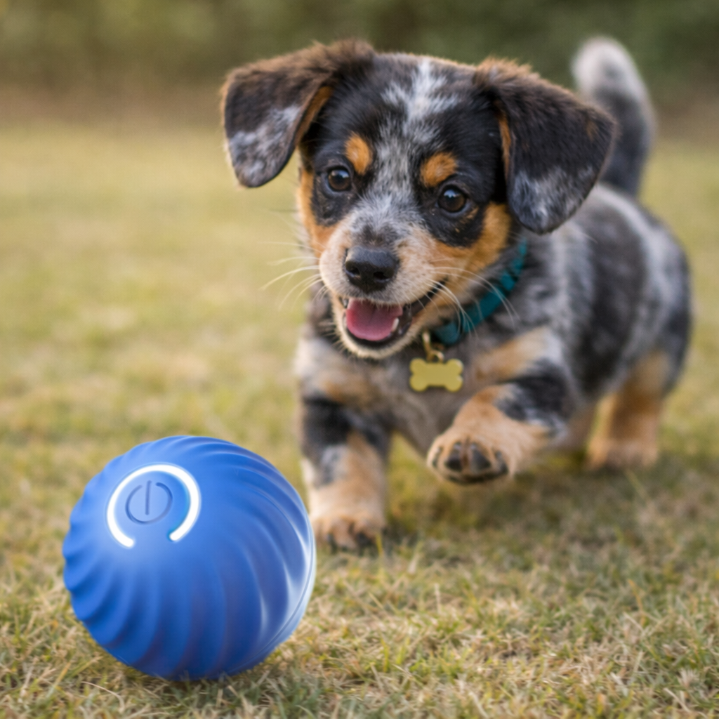 Puppy running on grass with a blue ball